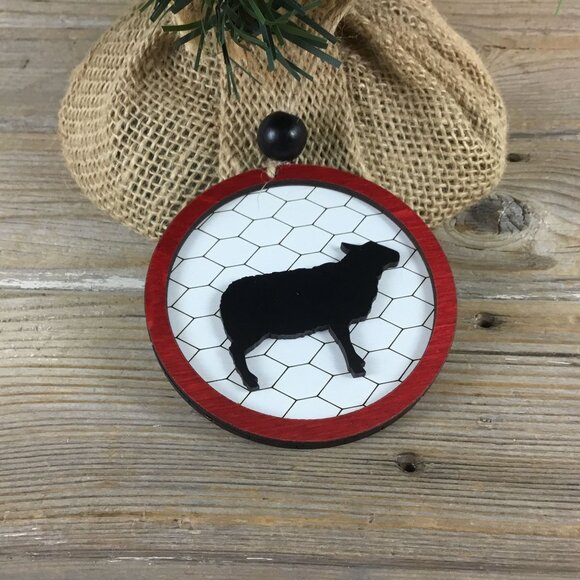 Sheep Rustic Farm Christmas Ornament with Laser-Cut Chicken Wire Pattern - Picture 4 of 5